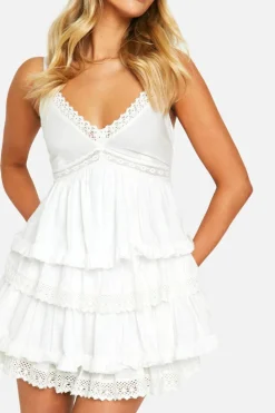 Smock Dresses*boohoo Crochet Trim Tiered Smock Dress white
