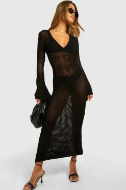 Jumper Dresses|Jumper Dresses*boohoo Crochet V Neck Maxi Dress black