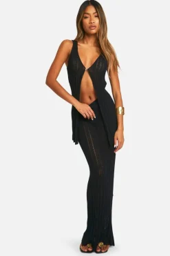 Cardigans*boohoo Crochet Waistcoat And Maxi Skirt Knitted Set black