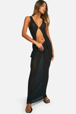 Cardigans*boohoo Crochet Waistcoat And Maxi Skirt Knitted Set black