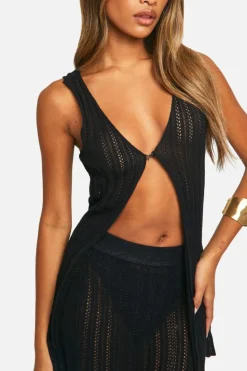 Cardigans*boohoo Crochet Waistcoat And Maxi Skirt Knitted Set black