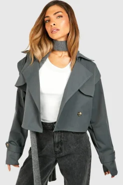 Up To 80% Off Winter Warmers|Trench Coats*boohoo Crop Trench Coat grey