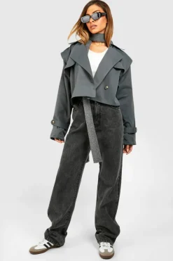 Up To 80% Off Winter Warmers|Trench Coats*boohoo Crop Trench Coat grey