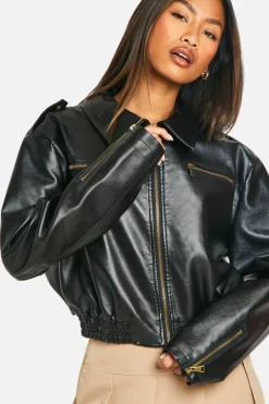 Up To 80% Off Winter Warmers|Bomber Jackets*boohoo Cropped Faux Leather Bomber Jacket black