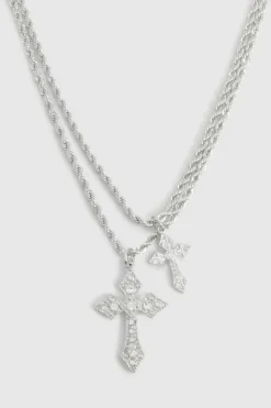 Necklaces*boohoo Cross Double Pendant Necklace silver