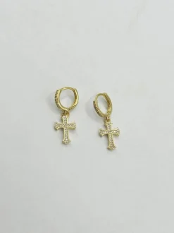 Earrings*SVNX Cross Drop Earring On Hoop Gold