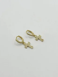 Earrings*SVNX Cross Drop Earring On Hoop Gold
