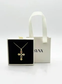 Necklaces*SVNX Cross Pendant Necklace in Multi Colour Stones Gold