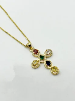 Necklaces*SVNX Cross Pendant Necklace in Multi Colour Stones Gold
