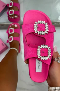 Sandals*Love Lemonade Crystal Bejewelled Double Buckle Sliders Bright Pink