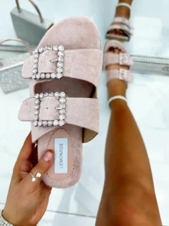 Sandals*Love Lemonade Crystal Boho Suede Buckle Sliders Baby Pink