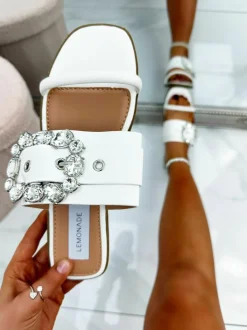 Sandals*Love Lemonade Crystal Buckle Double Strap Sliders White