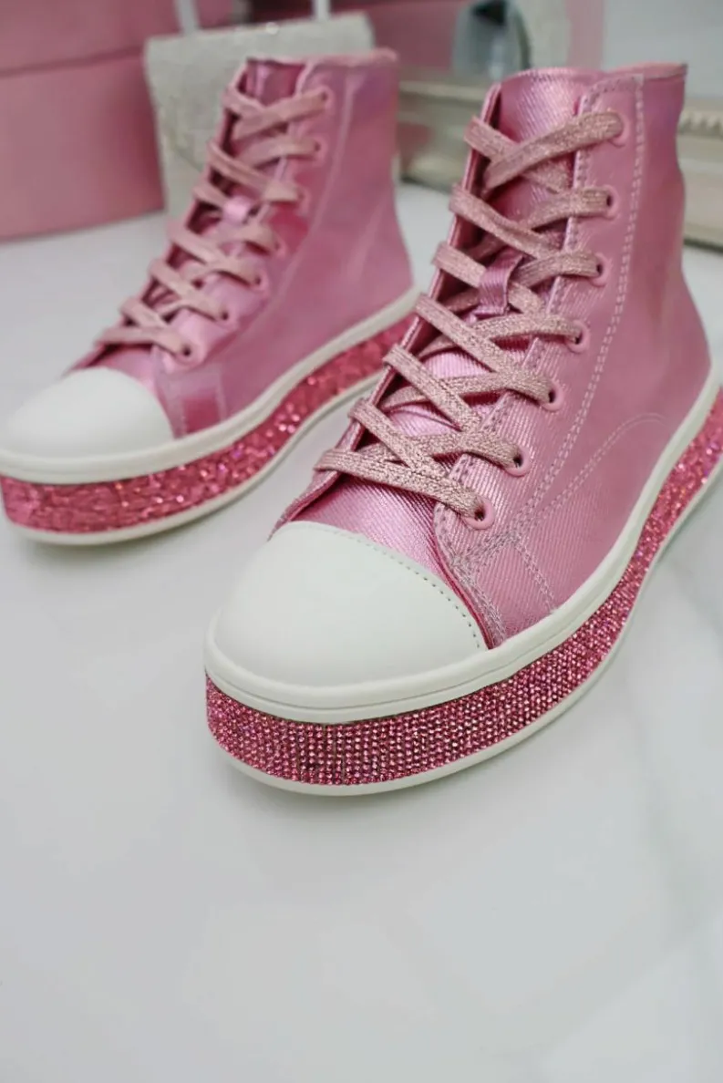 Trainers*Love Lemonade Crystal Canvas High Top Trainers Pink