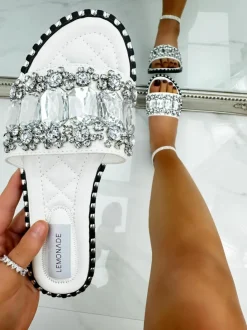 Sandals*Love Lemonade Crystal Chunky Diamante Sliders White
