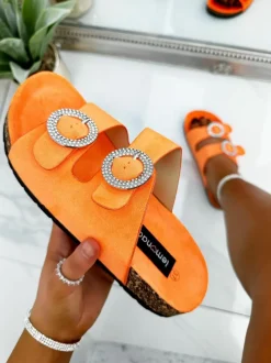 Sandals*Love Lemonade Crystal Cirque Suede Double Buckle Sliders Orange
