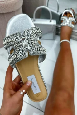 Sandals*Love Lemonade Crystal Cut Out H Sliders Silver