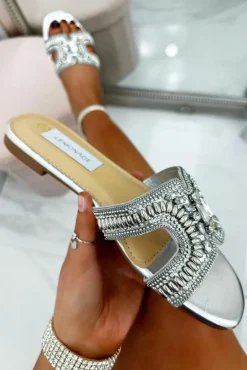 Sandals*Love Lemonade Crystal Cut Out H Sliders Silver