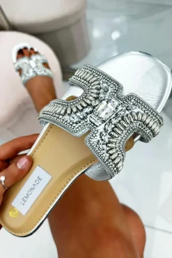 Sandals*Love Lemonade Crystal Cut Out H Sliders Silver