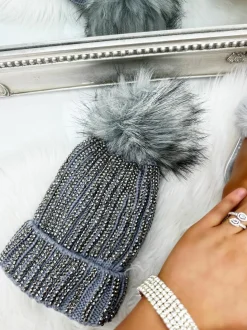 Hats & Gloves|Hats & Gloves*Love Lemonade Crystal Deluxe Faux Fur Bobble Hat Grey