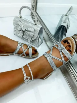 Sandals*Love Lemonade Crystal Knot Weave Sliders Silver