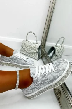 Trainers*Love Lemonade Crystal Lace Trim Trainers White
