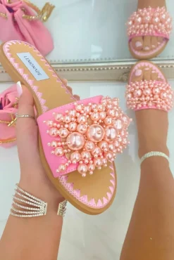 Sandals*Love Lemonade Crystal Pretty Pearl Sliders Baby Pink