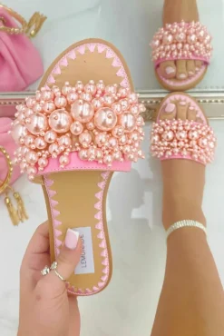 Sandals*Love Lemonade Crystal Pretty Pearl Sliders Baby Pink