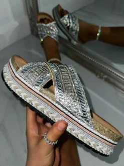 Sandals*Love Lemonade Crystal Shimmer Wedge Sliders Silver
