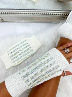Hats & Gloves|Hats & Gloves*Love Lemonade Crystal Stripe Fingerless Sparkly Gloves Off White