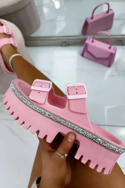 Sandals*Love Lemonade Crystal Tread Platform Sliders Pink