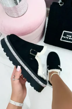Flats*Love Lemonade Crystal Trim Buckle Slip On Clogs Black