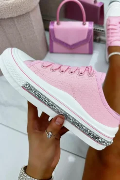 Trainers*Love Lemonade Crystal Trim Canvas Slip On Trainer Pink