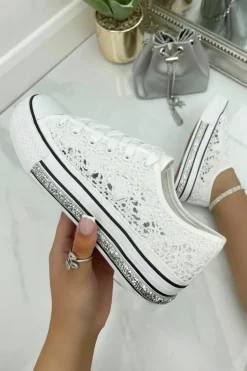 Trainers*Love Lemonade Crystal Trim Crochet Trainers White