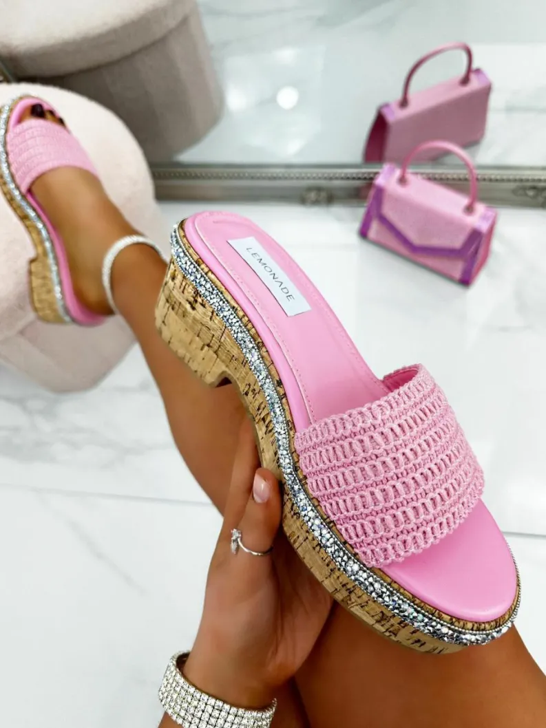 Sandals*Love Lemonade Crystal Trim Flatform Cork Sliders Pink