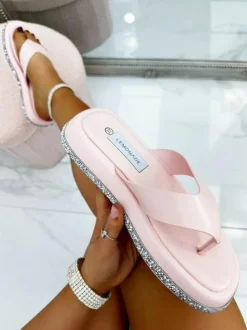 Sandals*Love Lemonade Crystal Trim Platform Flip Flops Pink