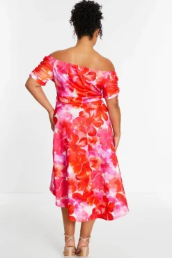 Midi Dresses*Quiz Curve Floral Bardot Dip Hem Midi Dress Pink