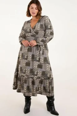 Wrap Dresses*Blue Vanilla Curve Geometric Wrap Front Belted Midi Dress Khaki