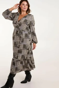 Wrap Dresses*Blue Vanilla Curve Geometric Wrap Front Belted Midi Dress Khaki