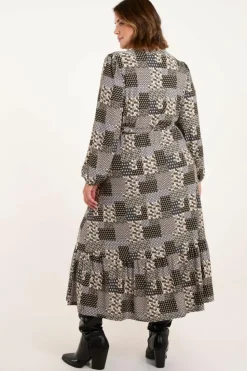 Wrap Dresses*Blue Vanilla Curve Geometric Wrap Front Belted Midi Dress Khaki