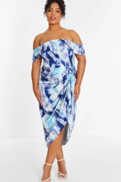 Midi Dresses*Quiz Curve Marble Print Bardot Midi Dress Light Blue