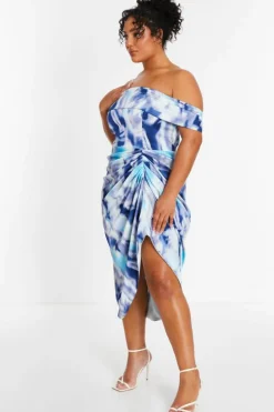 Midi Dresses*Quiz Curve Marble Print Bardot Midi Dress Light Blue