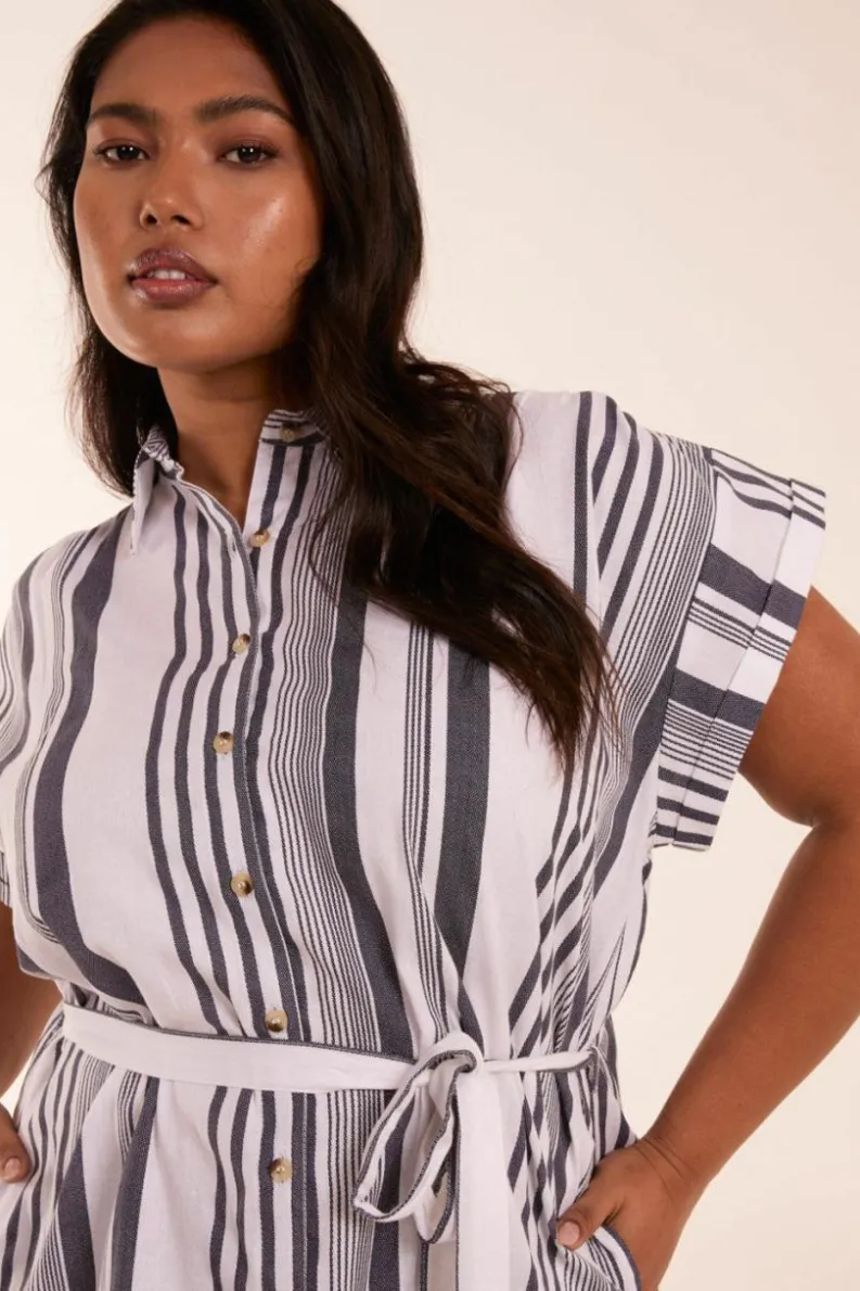 Shirt Dresses*Blue Vanilla Curve Stripe Button Front Shirt Dress White