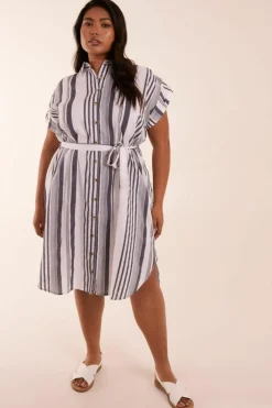 Shirt Dresses*Blue Vanilla Curve Stripe Button Front Shirt Dress White