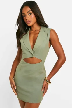Blazer Dresses*boohoo Cut Out Sleeveless Linen Look Blazer Dress khaki