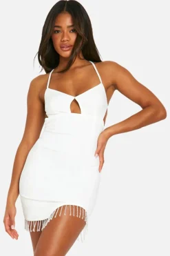 Cami Dresses*boohoo Cut Out Strappy Diamante Hem Mini Dress white