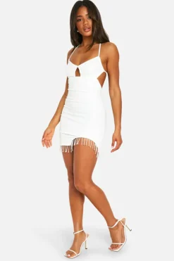 Cami Dresses*boohoo Cut Out Strappy Diamante Hem Mini Dress white