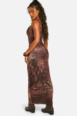 Bodycon Dresses*boohoo Cut Out Strappy Ruffle Snake Printed Mesh Maxi Dress brown