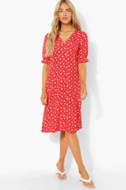 Midi Dresses*boohoo Daisy Button Through Midi Dress red