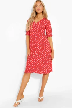 Midi Dresses*boohoo Daisy Button Through Midi Dress red