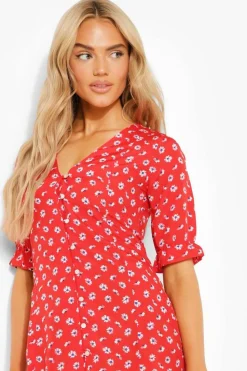 Midi Dresses*boohoo Daisy Button Through Midi Dress red